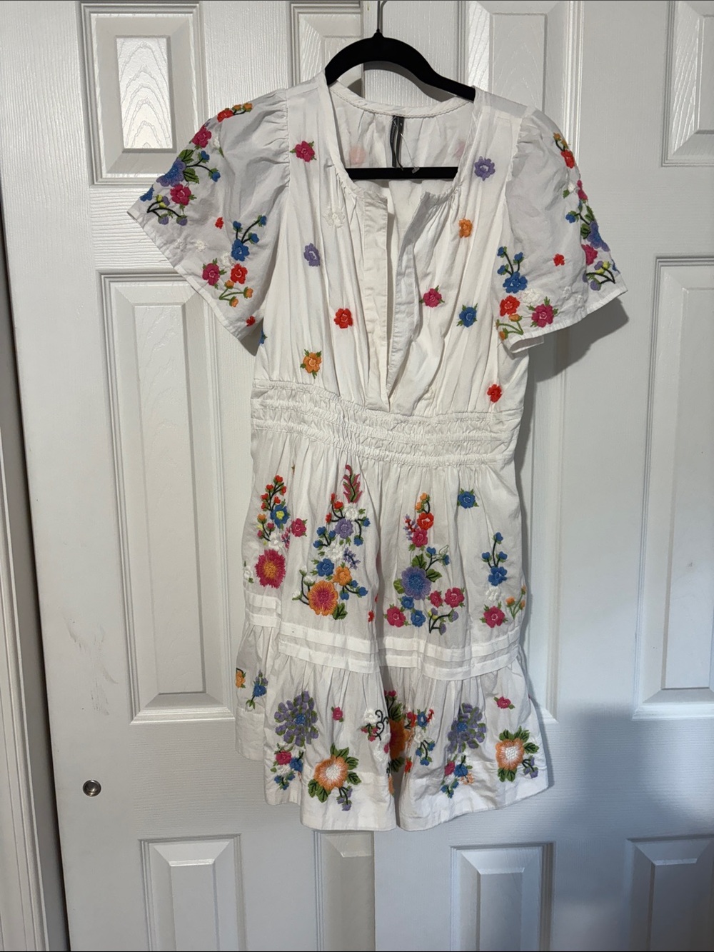 Anthropologie White Mini Dress with Multicolor Floral Embroidery